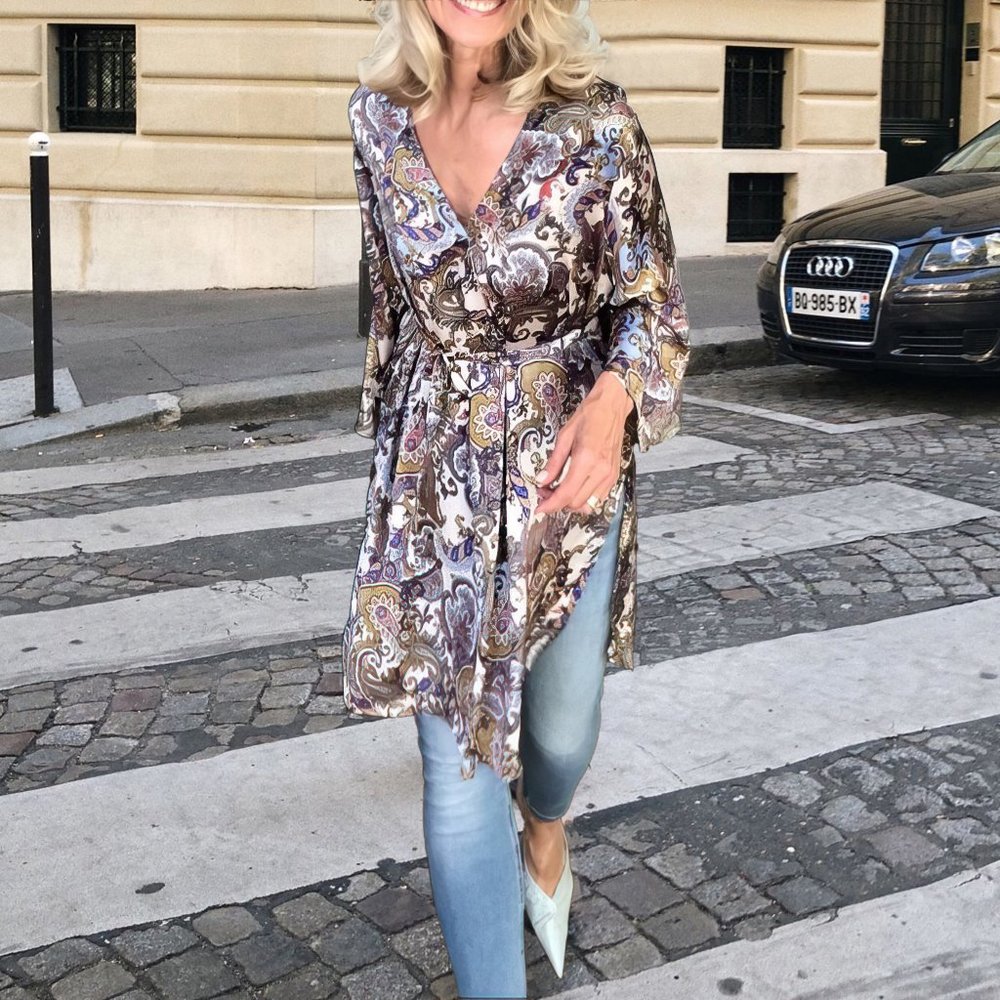 NEW! Zara Satin Kimono Style Paisley Pattern Tunic Mini Dress, Belted Oversized
